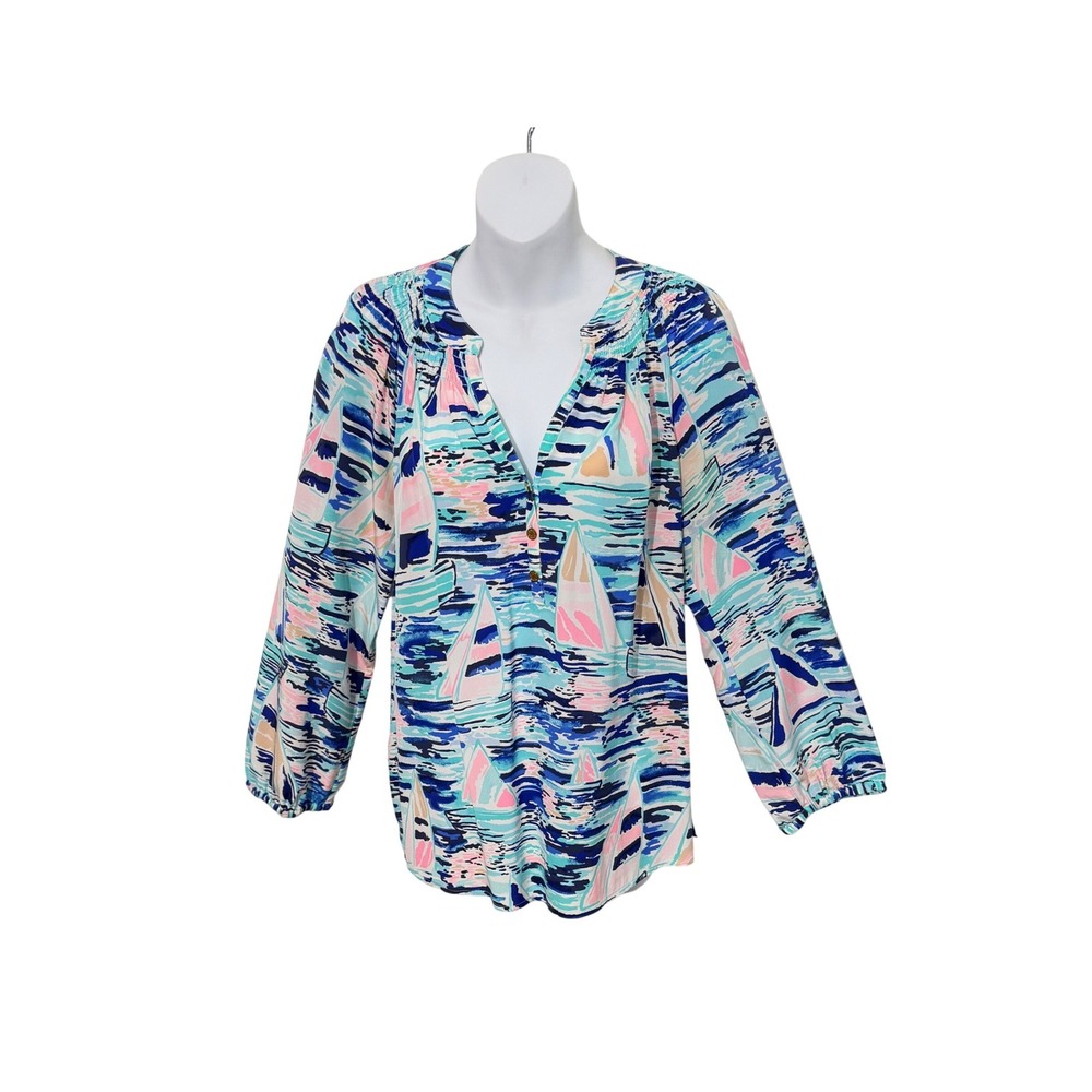 Lilly Pulitzer Silk Blouse Womens Small Blue Sailboat Print Elsa Top